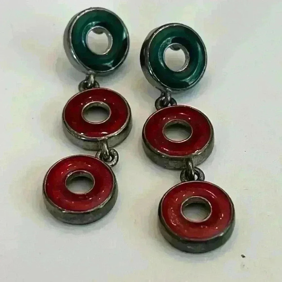 Vintage Jewelry - Vintage Enamel Metal Multicolored circle drop earrings